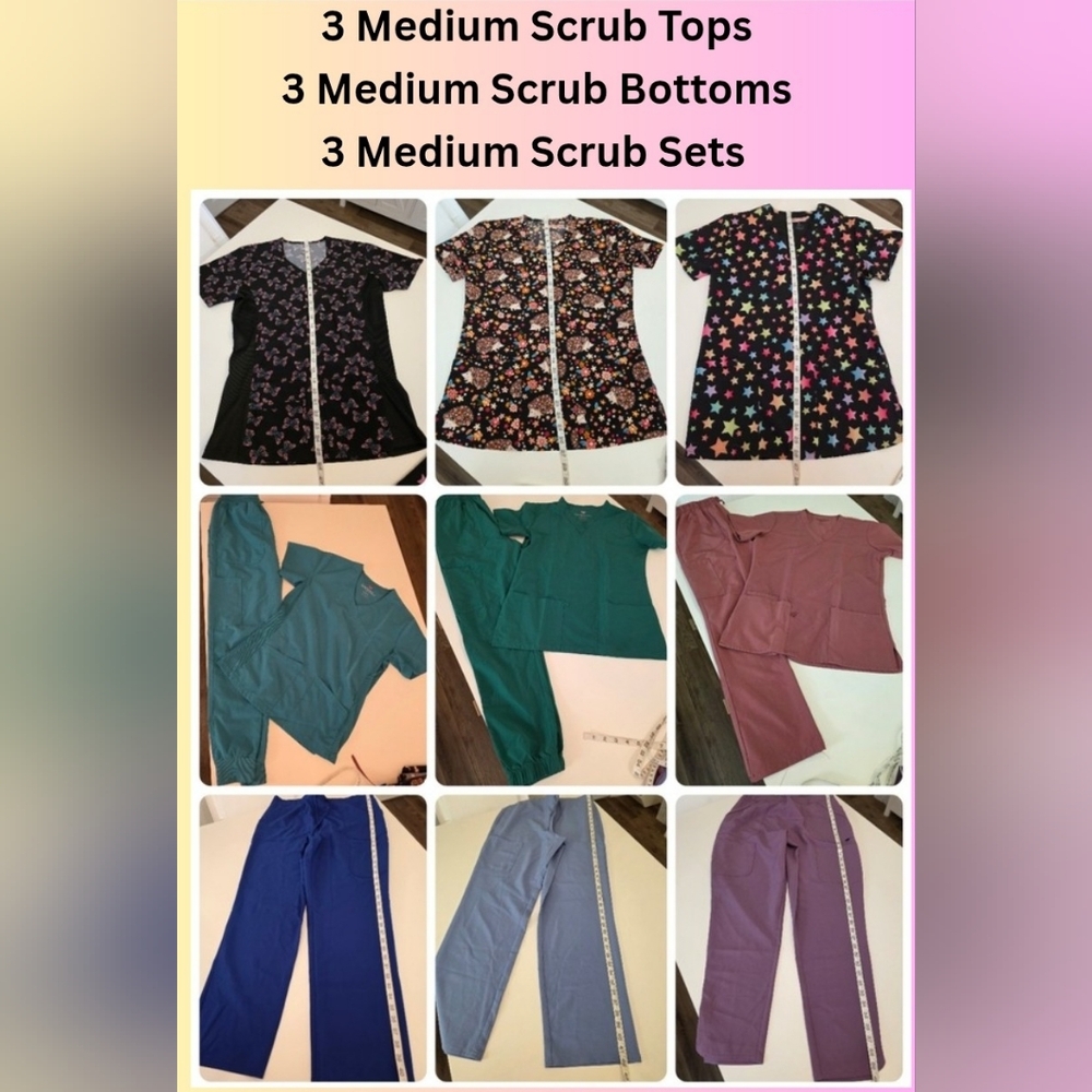 MEDIUM SIZE SCRUB BUNDLE - 3 SETS + 3 TOPS + 3 PANTS